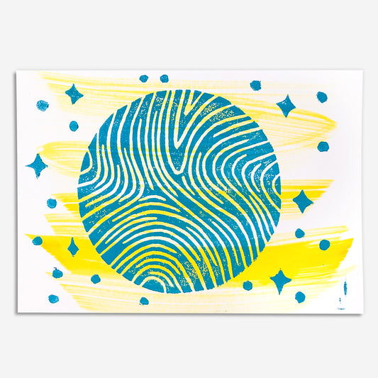 7"x5" Linocut Print - Ad Astra (To the Stars) - Turquoise and Yellow on White