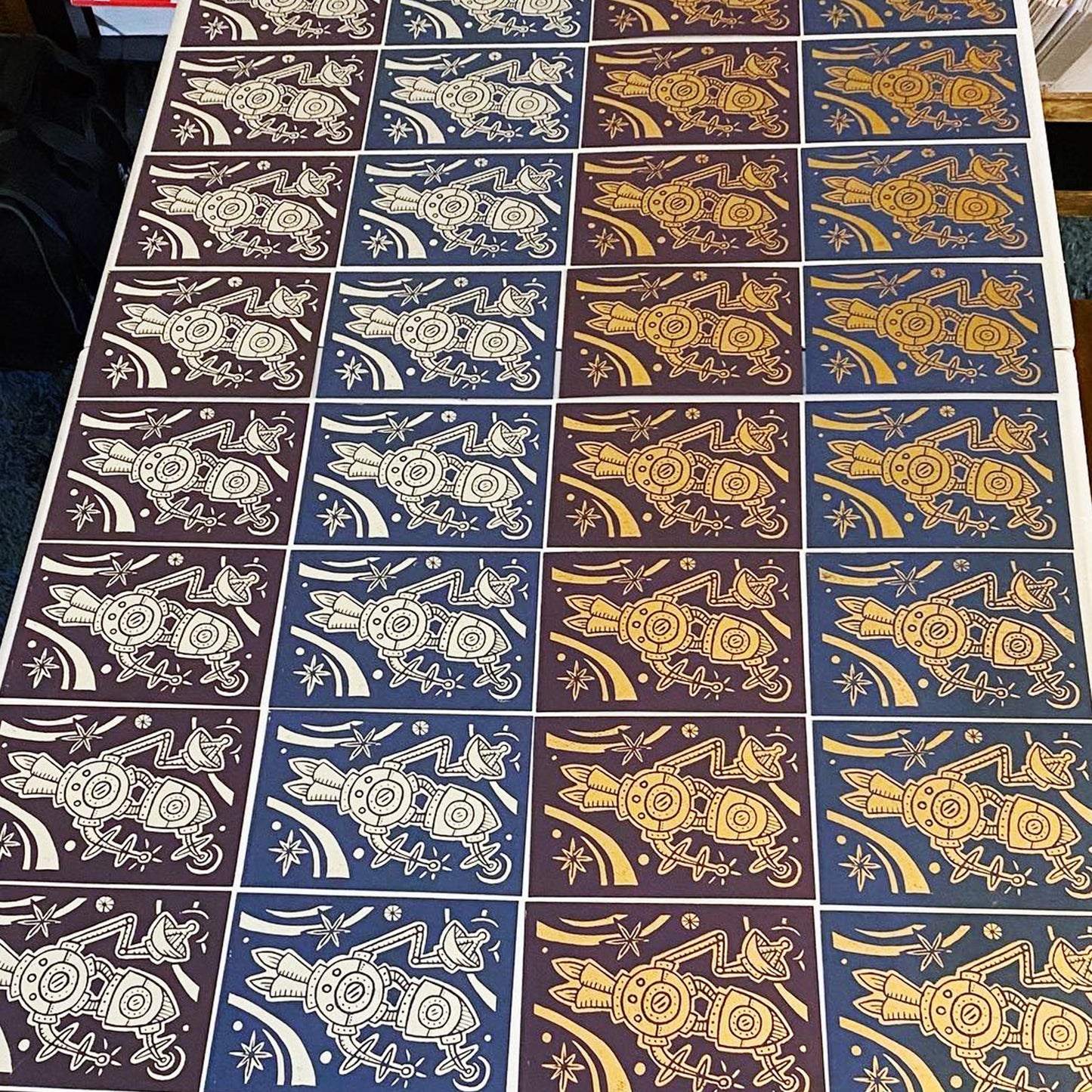 7"x5" Linocut Print - Holiday Ship - Metallic Silver on Midnight Blue