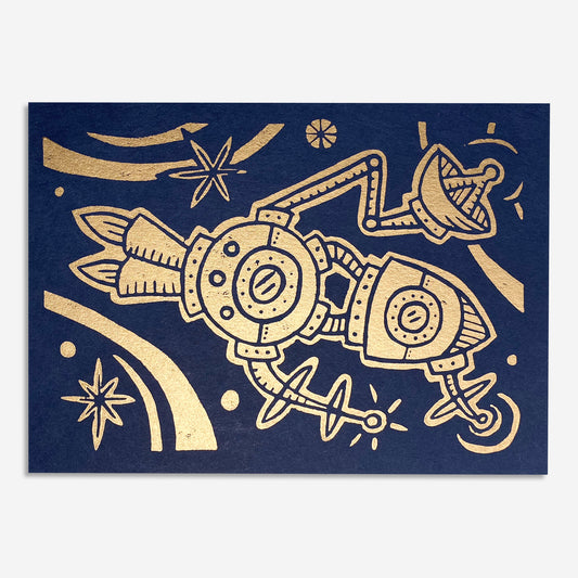 7"x5" Linocut Print - Holiday Ship - Metallic Gold on Midnight Blue