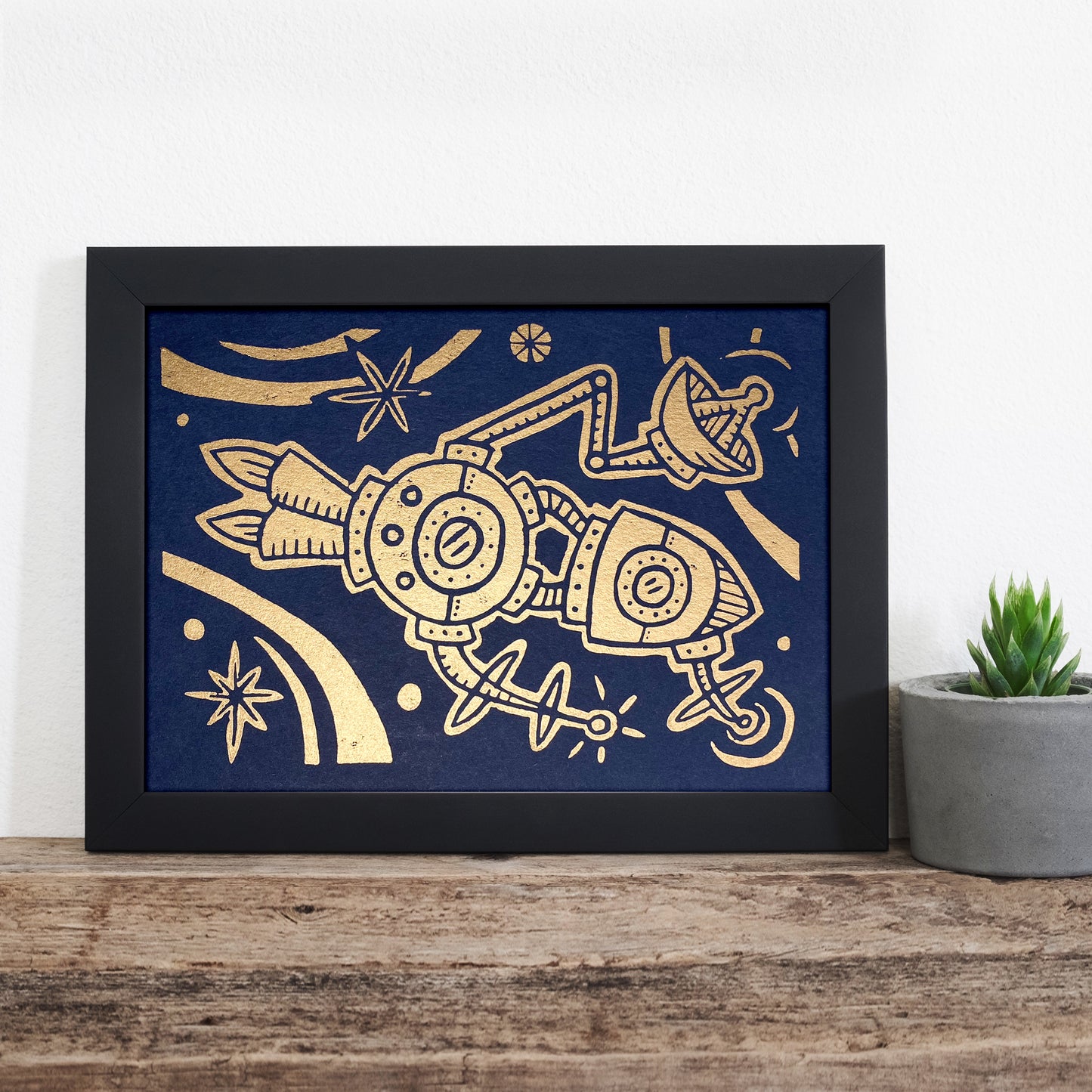 7"x5" Linocut Print - Holiday Ship - Metallic Gold on Midnight Blue