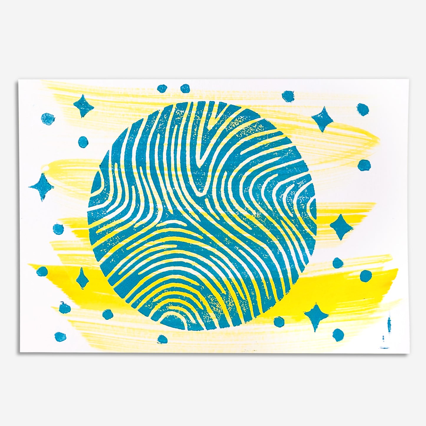 7"x5" Linocut Print - Ad Astra (To the Stars) - Turquoise and Yellow on White