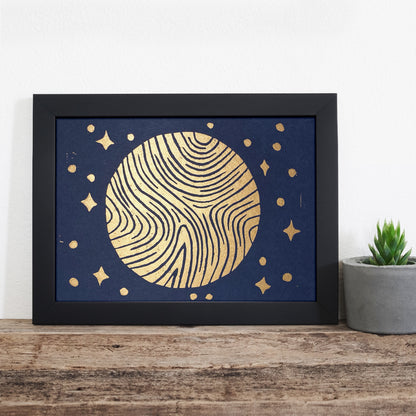 7"x5" Linocut Print - Ad Astra (To the Stars) - Metallic Gold on Midnight Blue