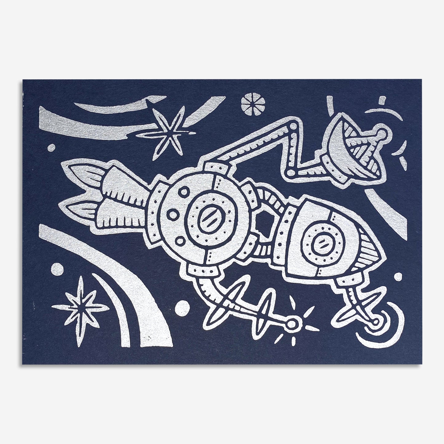 7"x5" Linocut Print - Holiday Ship - Metallic Silver on Midnight Blue