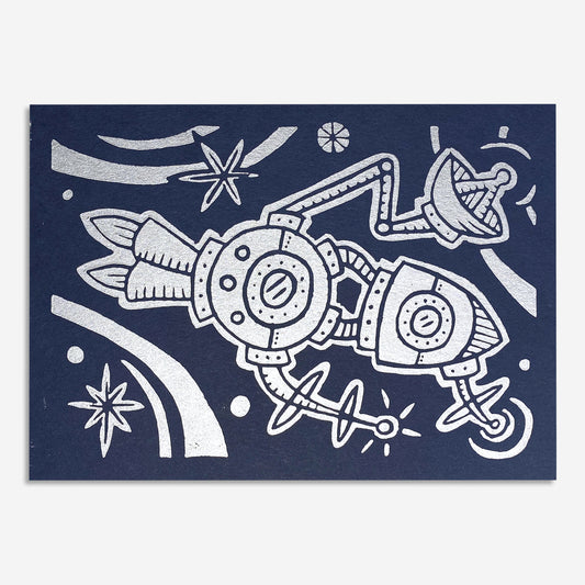 7"x5" Linocut Print - Holiday Ship - Metallic Silver on Midnight Blue