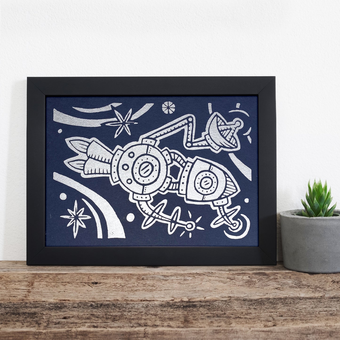 7"x5" Linocut Print - Holiday Ship - Metallic Silver on Midnight Blue