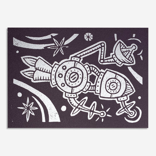 7"x5" Linocut Print - Holiday Ship - Metallic Silver on Eggplant Purple