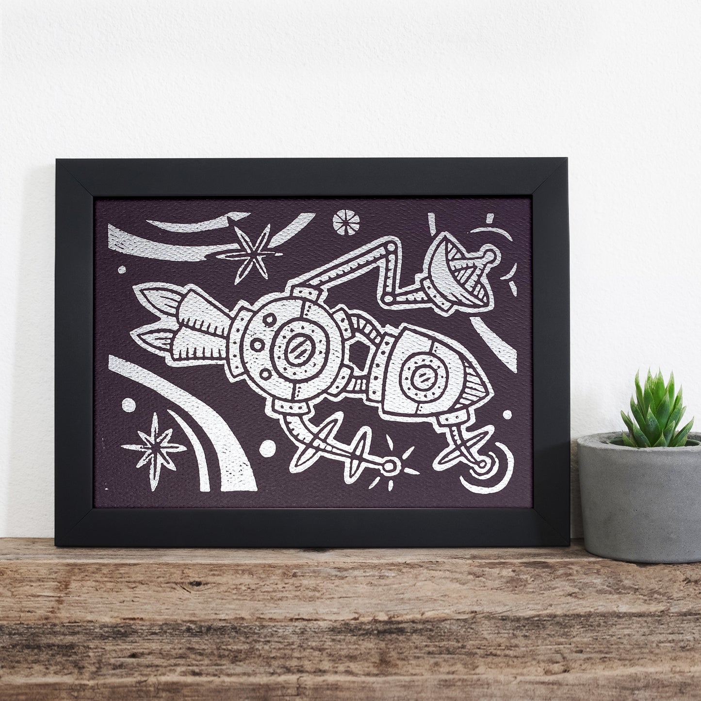 7"x5" Linocut Print - Holiday Ship - Metallic Silver on Eggplant Purple