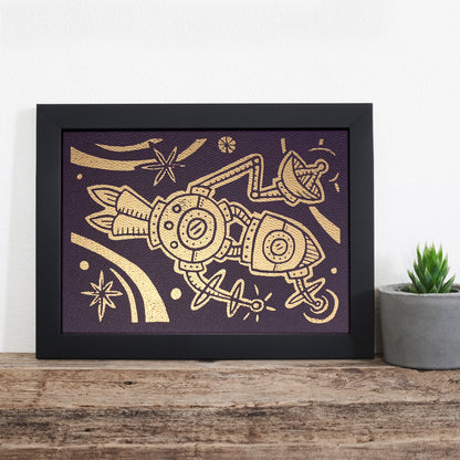 7"x5" Linocut Print - Holiday Ship - Metallic Gold on Eggplant Purple